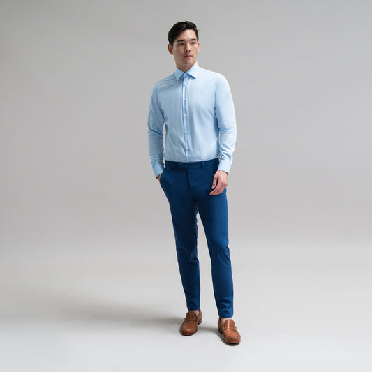Custom Bespoke Tailored Spread Shirt model Jesse in Light Blue BreezeTech