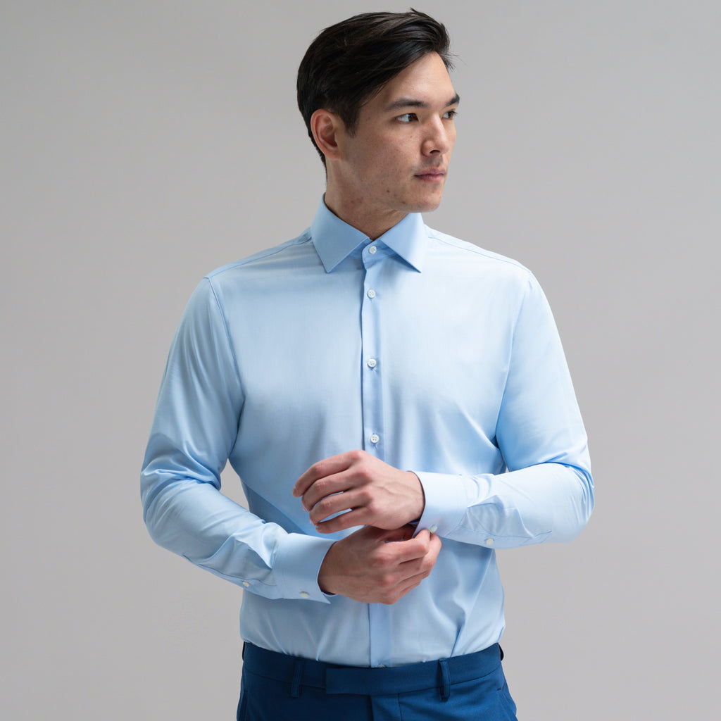Tags:(Lightweight|Wrinkle-Resistant|Odor-Resistant) Custom Bespoke Tailored Spread Shirt model Jesse in Light Blue BreezeTech