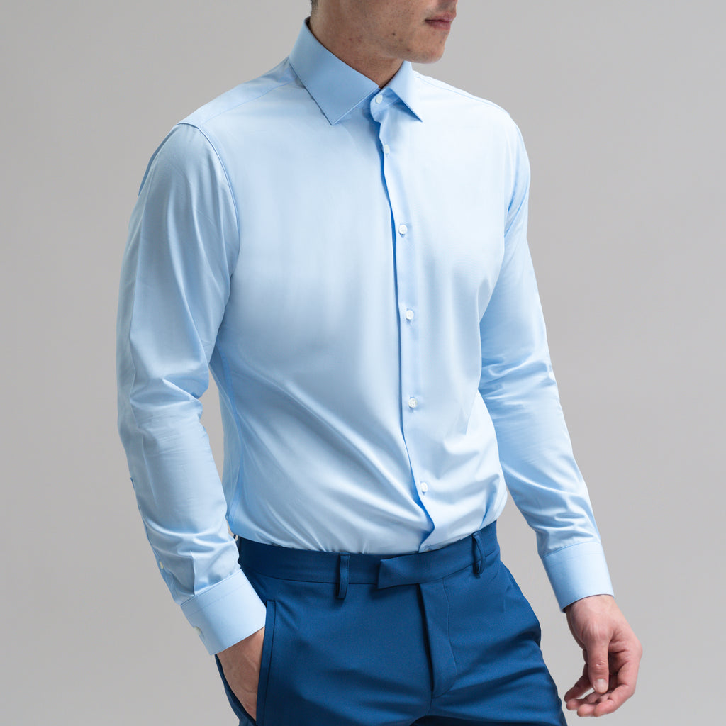 Custom Bespoke Tailored Spread Shirt model Jesse in Light Blue BreezeTech