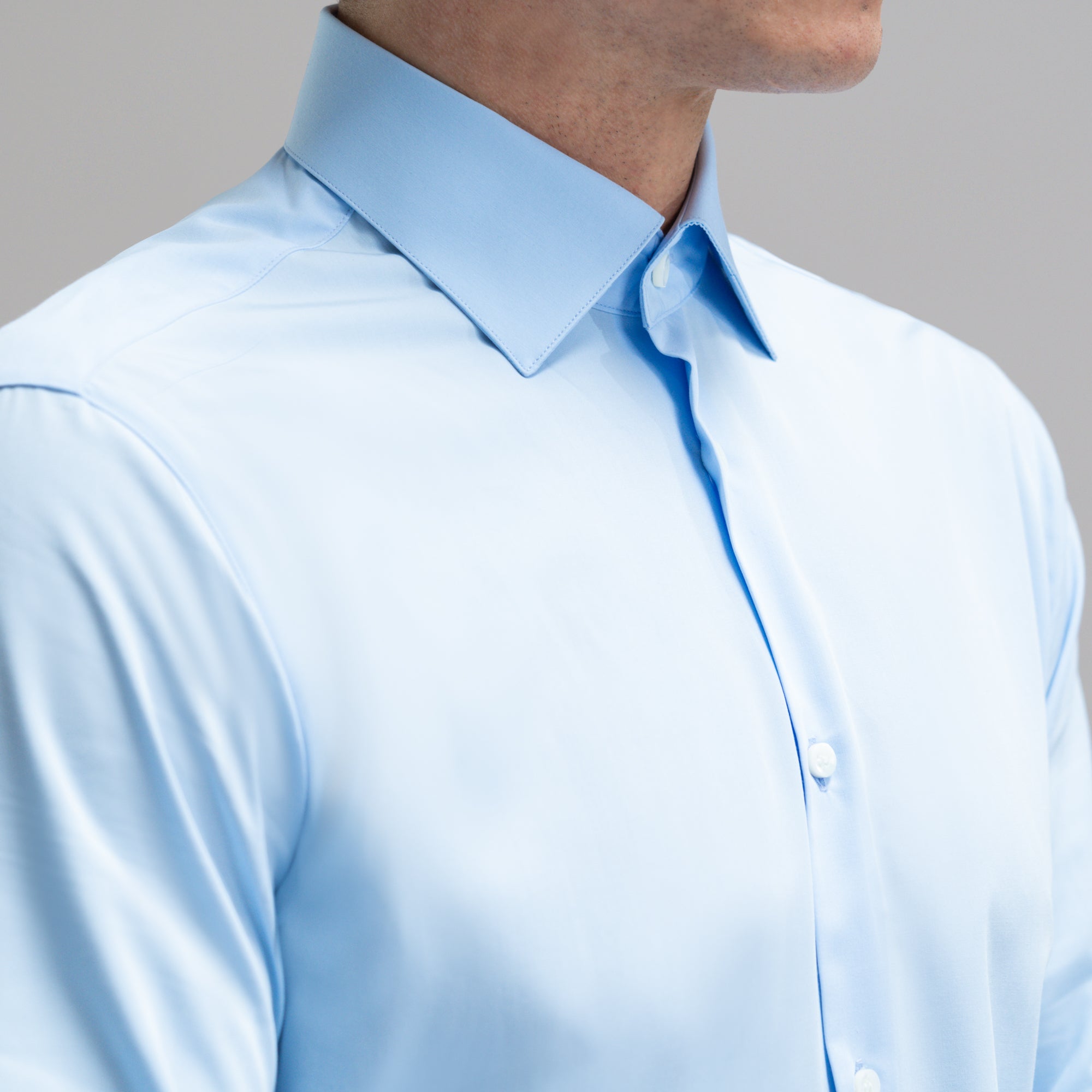 Custom Bespoke Tailored Spread Shirt model Jesse in Light Blue BreezeTech