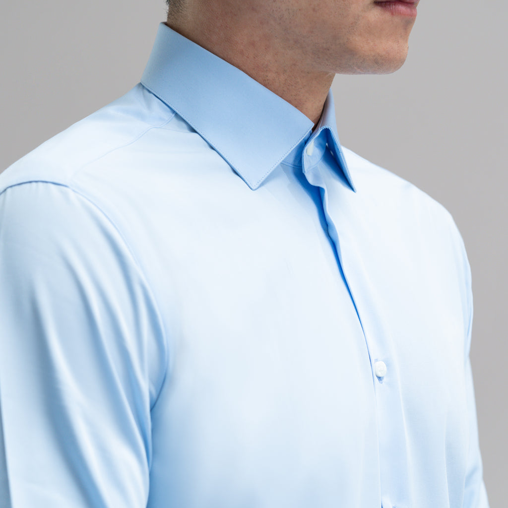 Custom Bespoke Tailored Spread Shirt model Jesse in Light Blue BreezeTech