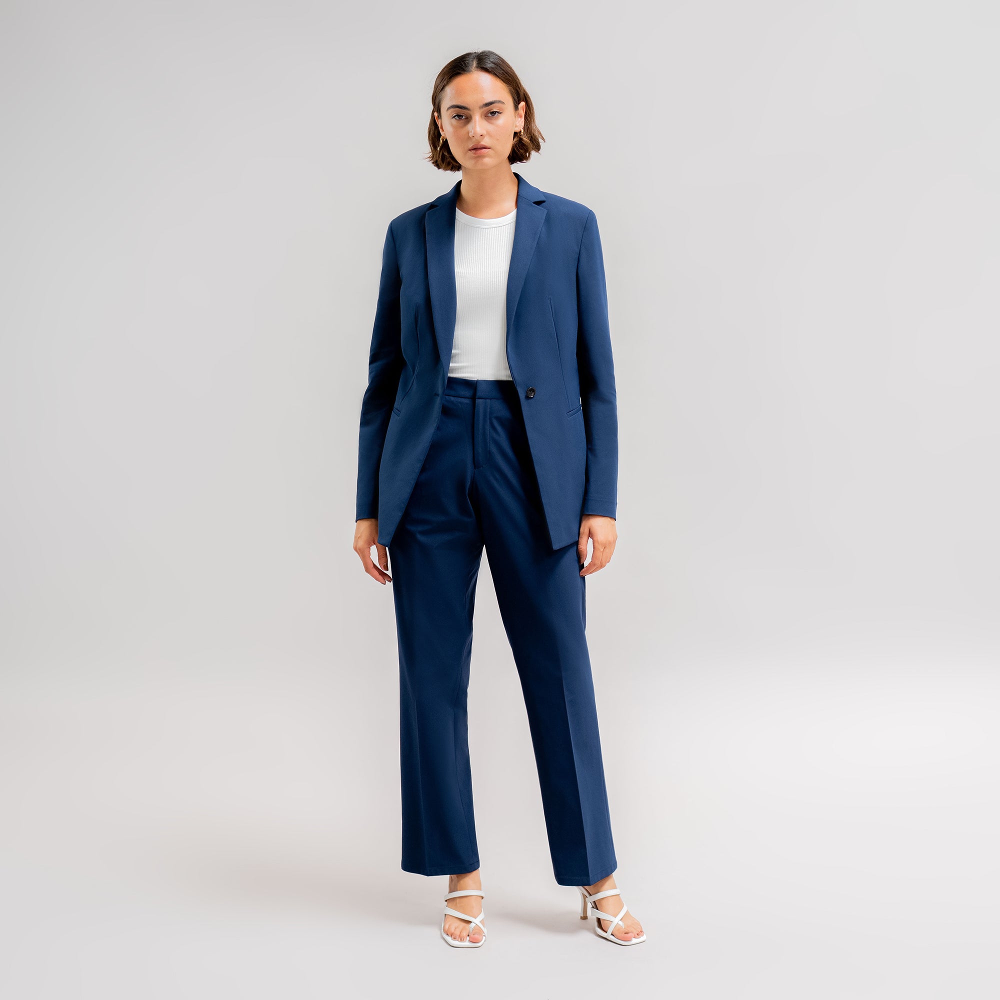 bespoke custom women's blazer pantsuit model Moe in Nautical Blue