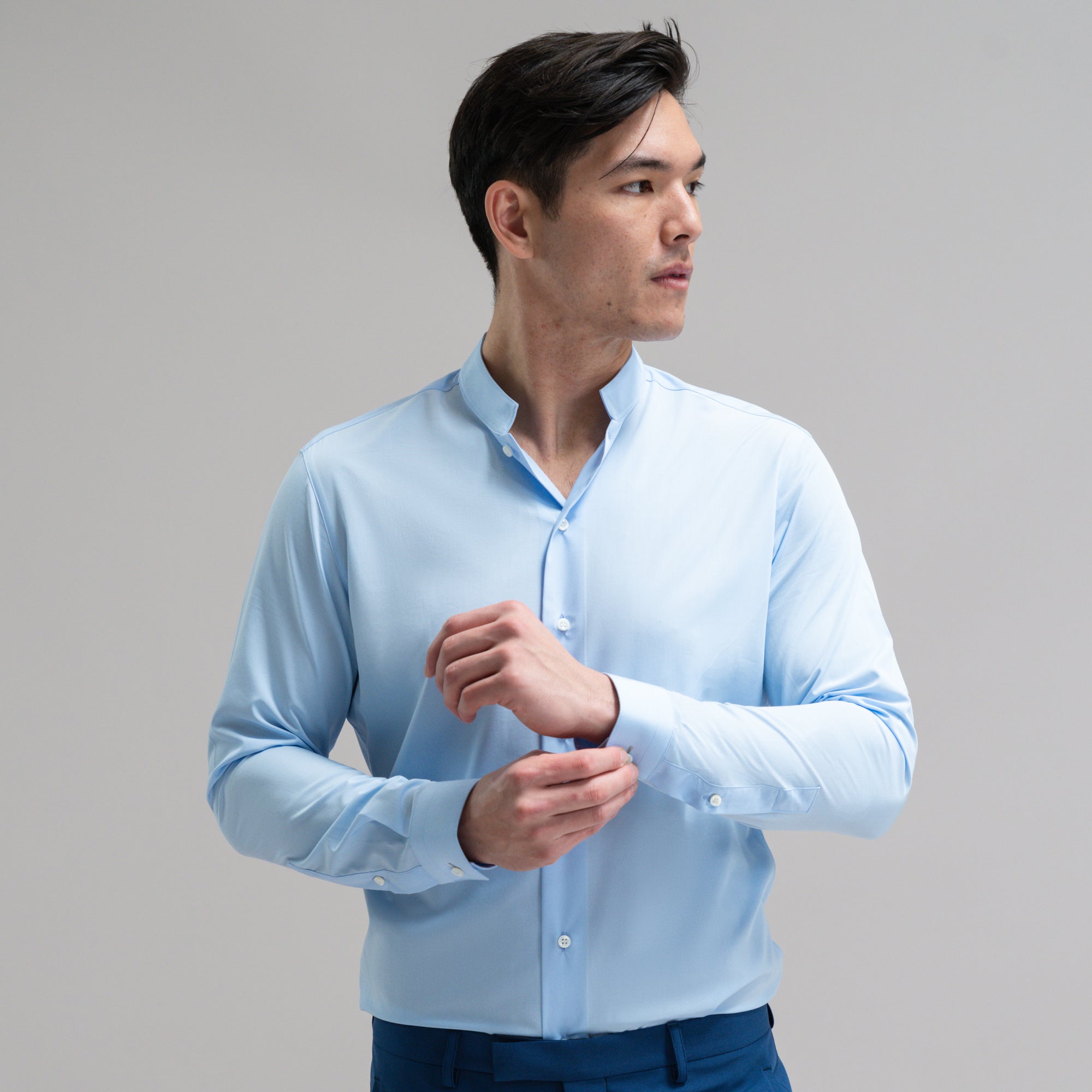 Bespoke Custom Dorsey Shirt model Jesse in Light Blue BreezeTech