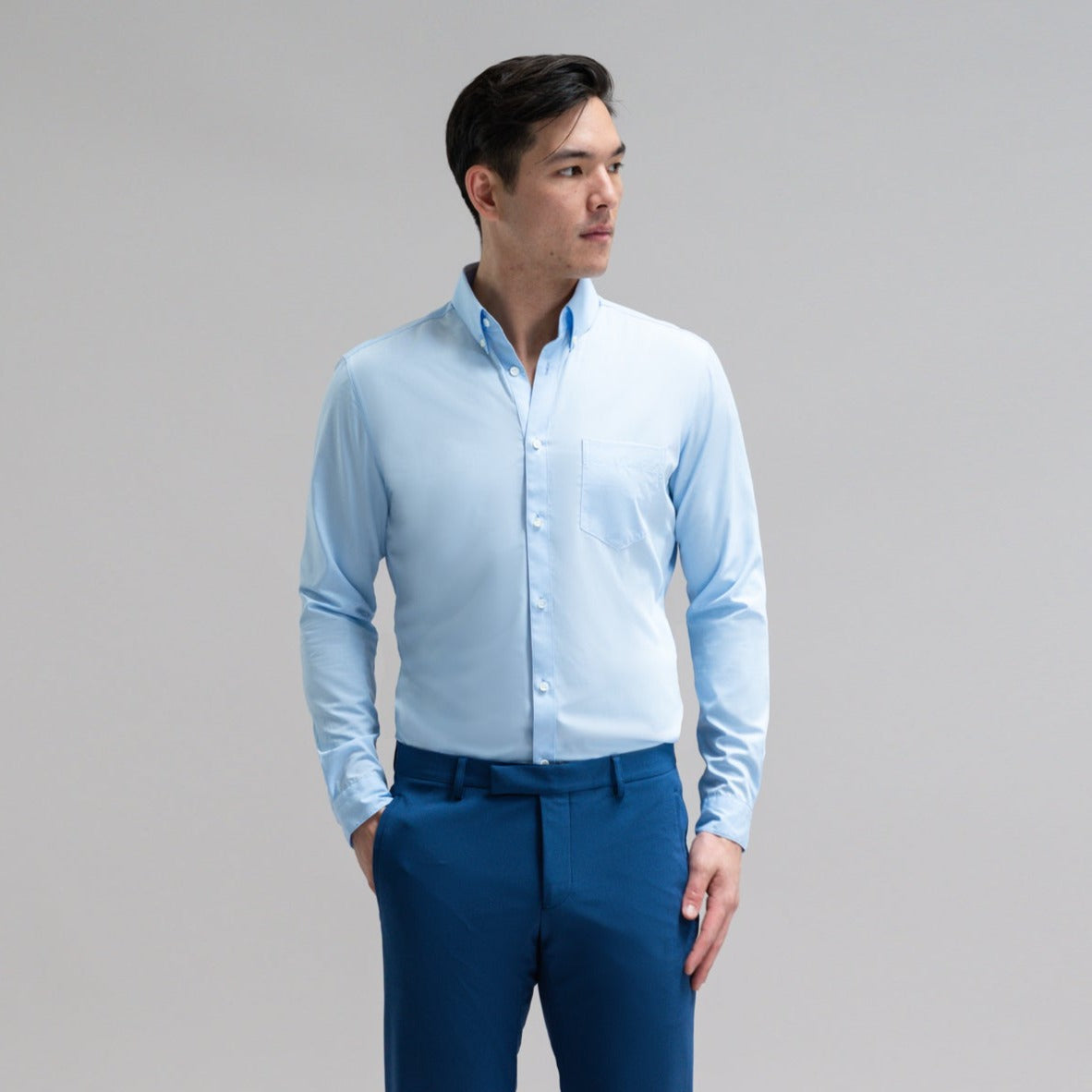 Custom Bespoke Tailored Mercer Shirt model Jesse in Light Blue BreezeTech