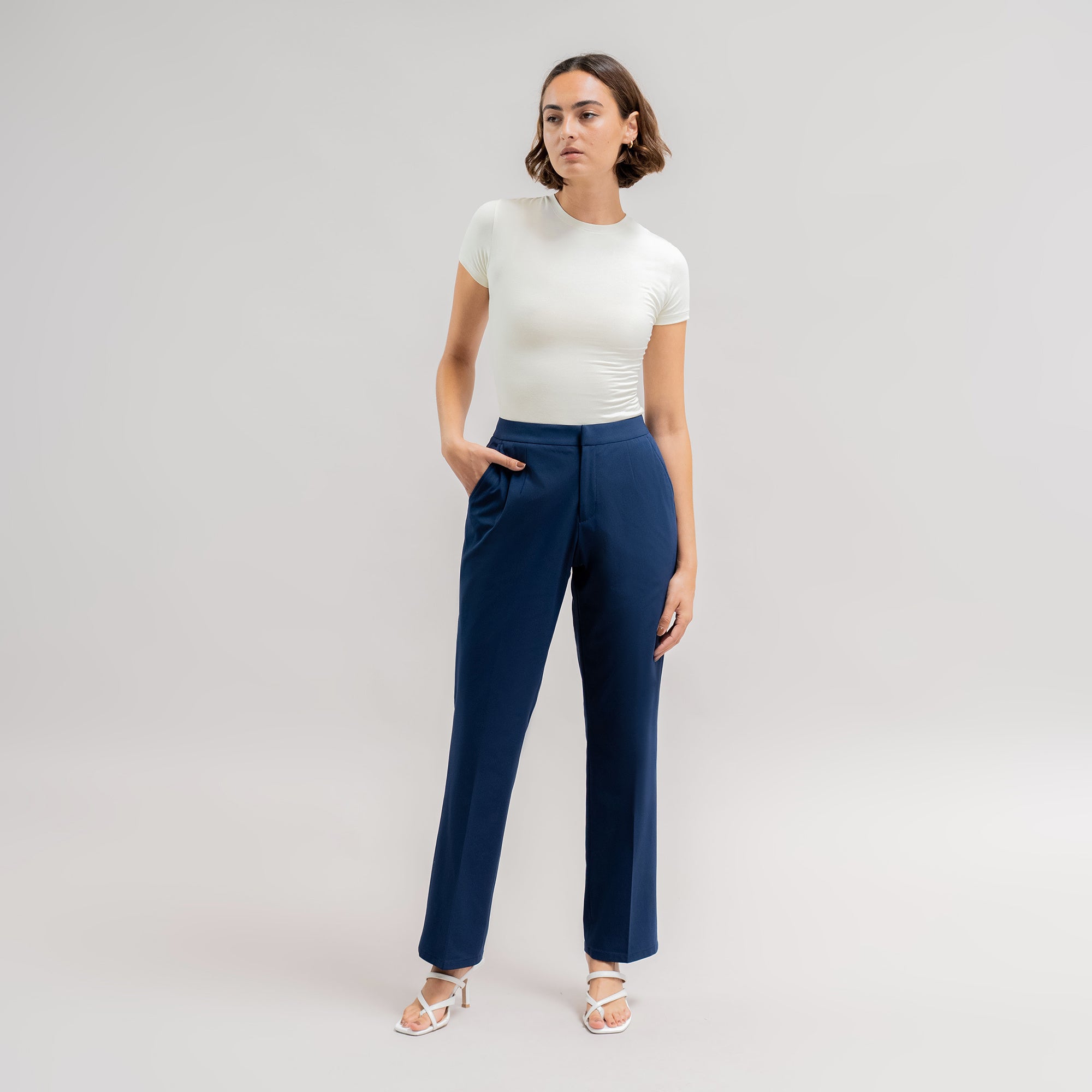 bespoke athletic women's dress pants athleisure model Moe in Nautical Blue