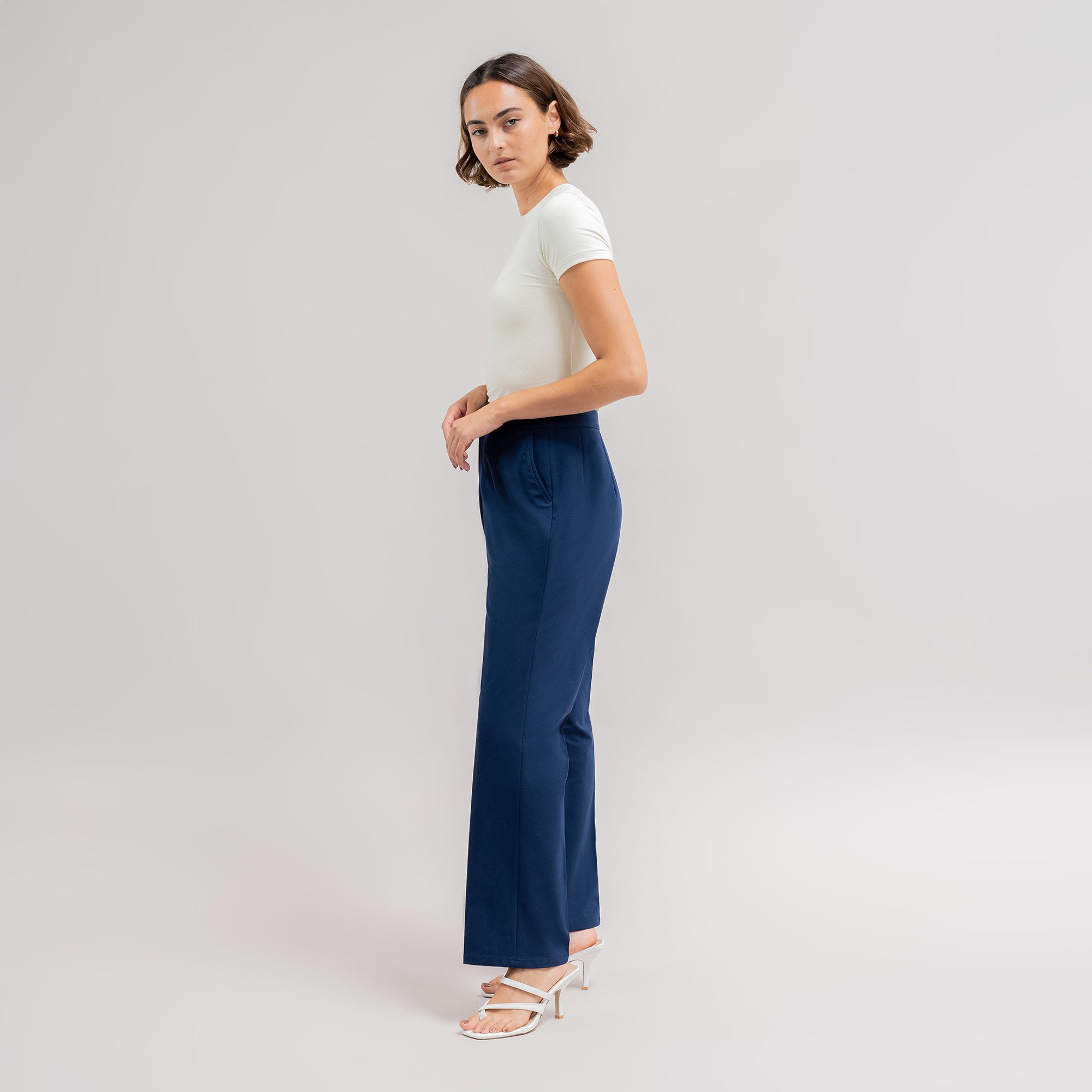 bespoke athletic women's dress pants athleisure model Moe in Nautical Blue