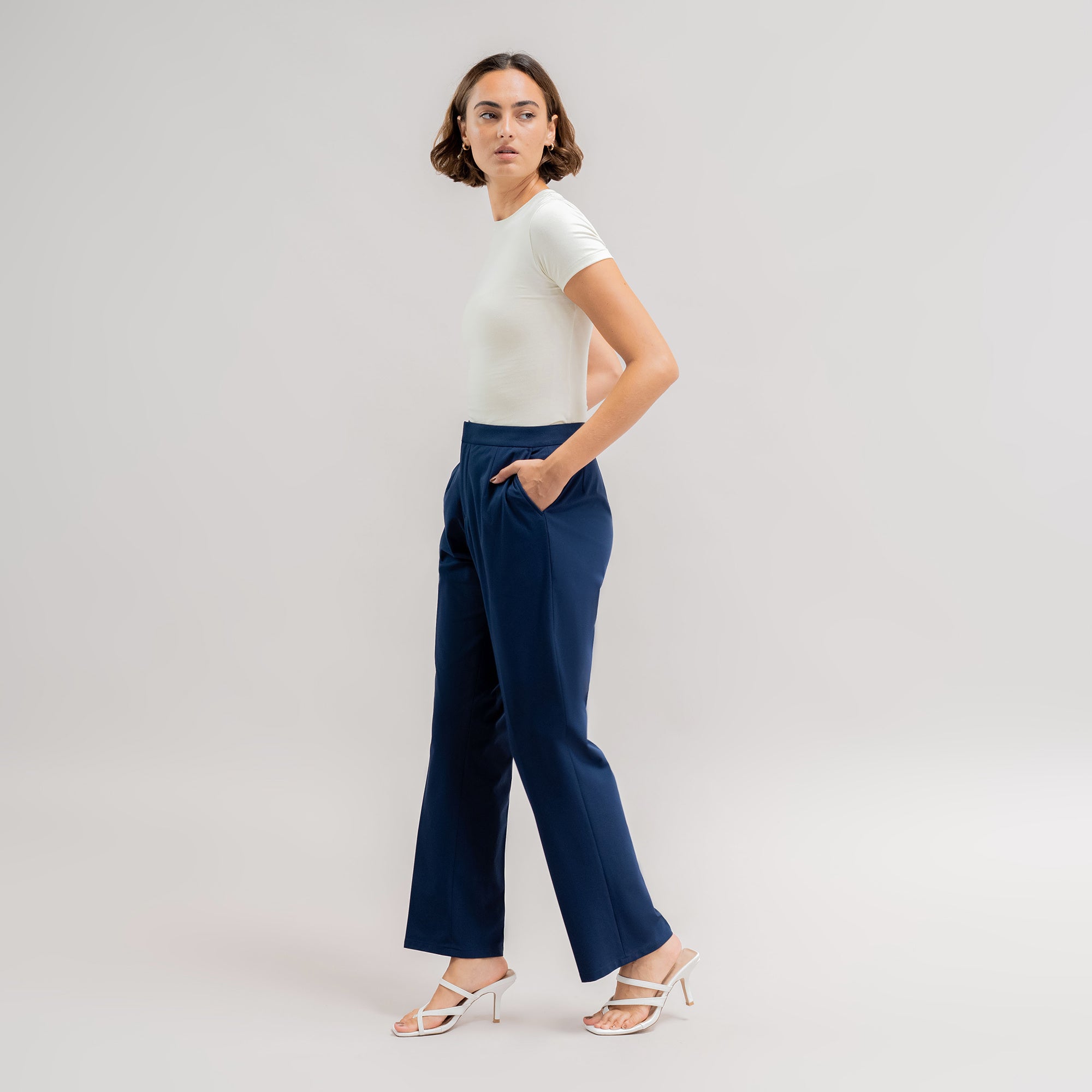 bespoke athletic women's dress pants athleisure model Moe in Nautical Blue
