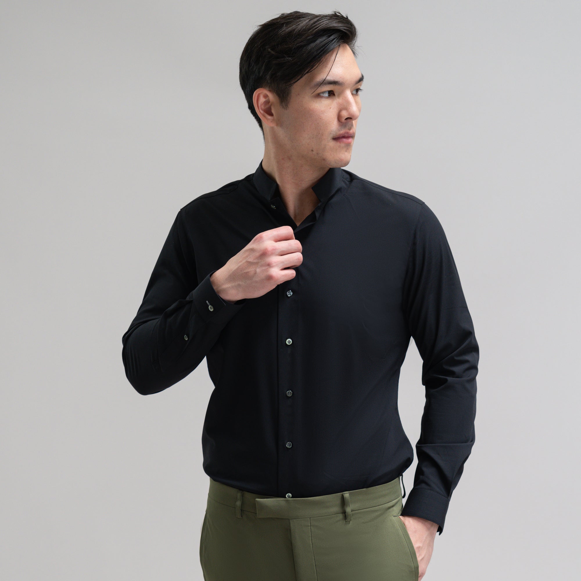 Bespoke Custom Dorsey Shirt model Jesse in Black BreezeTech