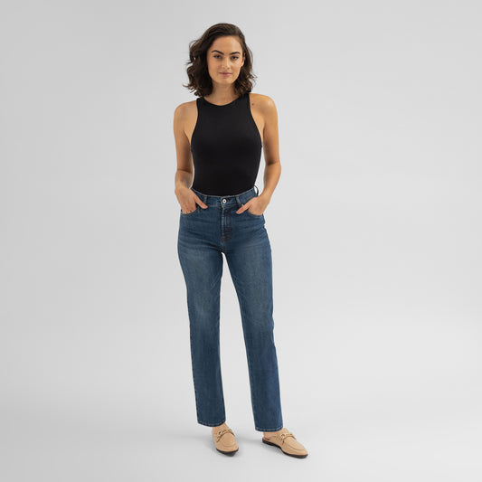 Tags:(5'8"|0-2) straight women's jeans model Moe in Sur Blue