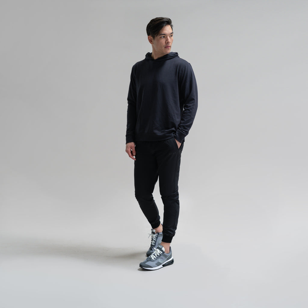 custom bespoke athleisure drawstring jogger model Jesse in Black