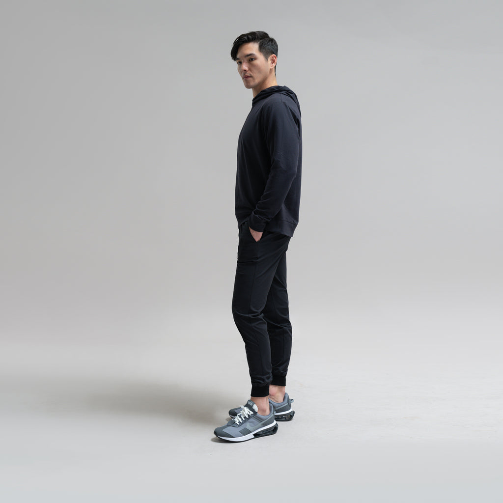 custom bespoke athleisure drawstring jogger model Jesse in Black