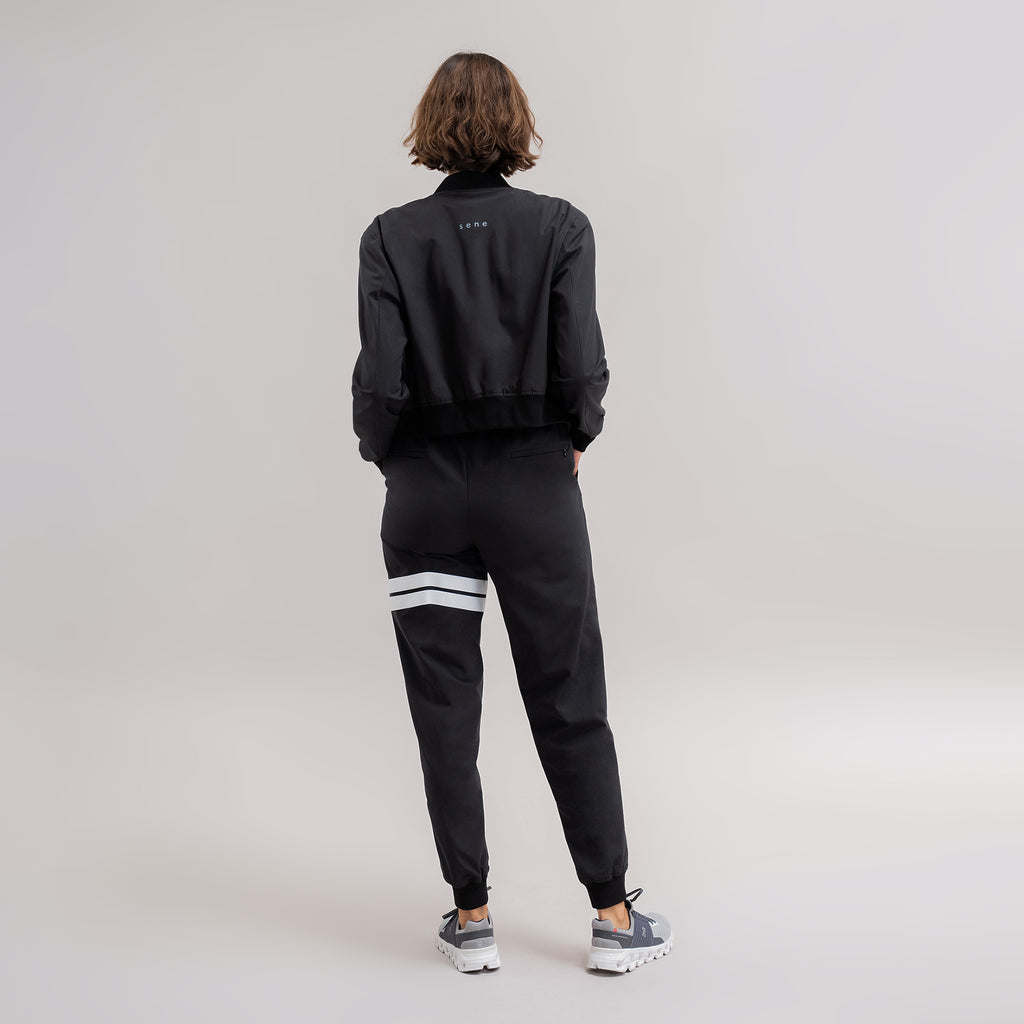 womens custom flextech bomber jacket plus size model Moe in Black