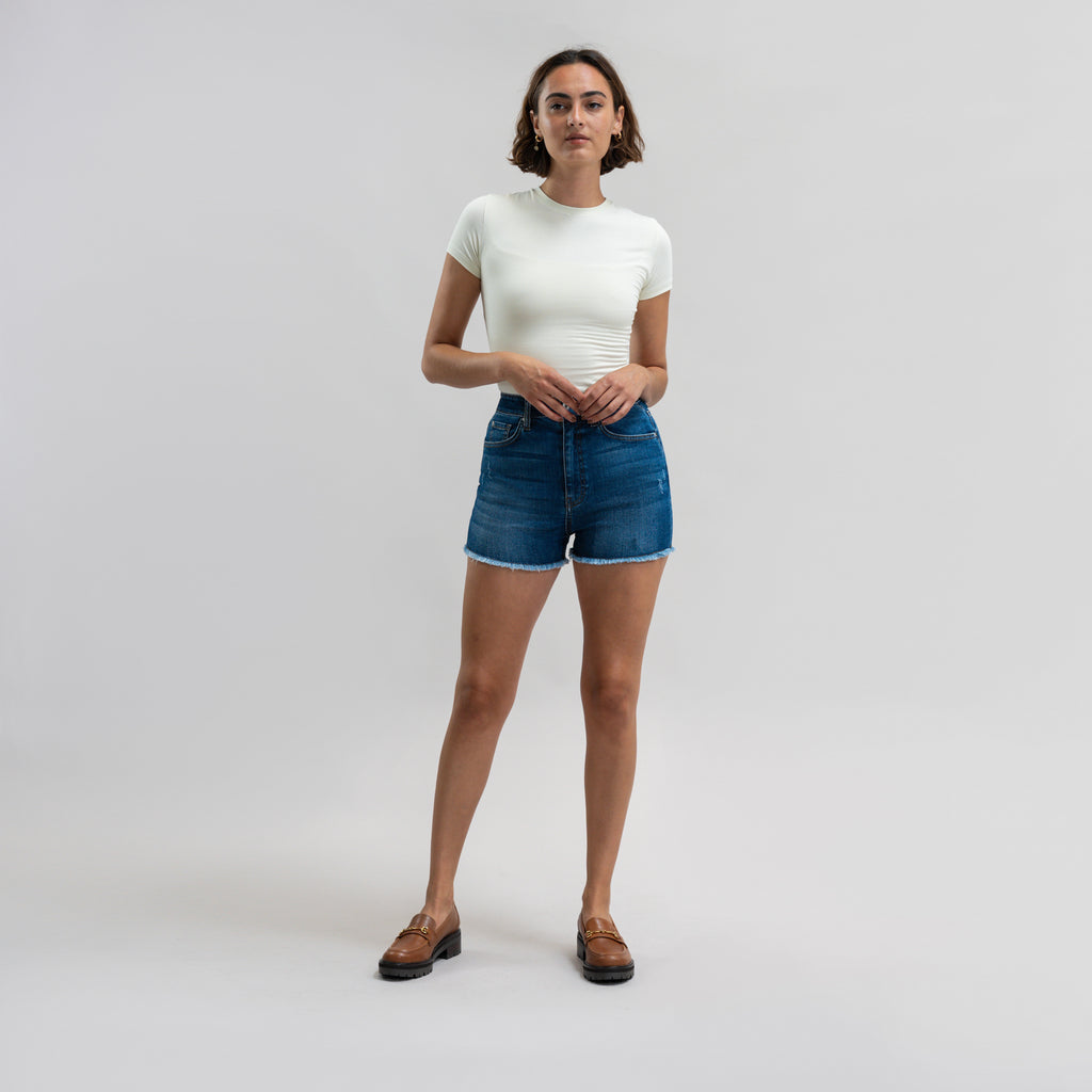 Custom jean denim shorts fit shortie model Moe in Sur Blue