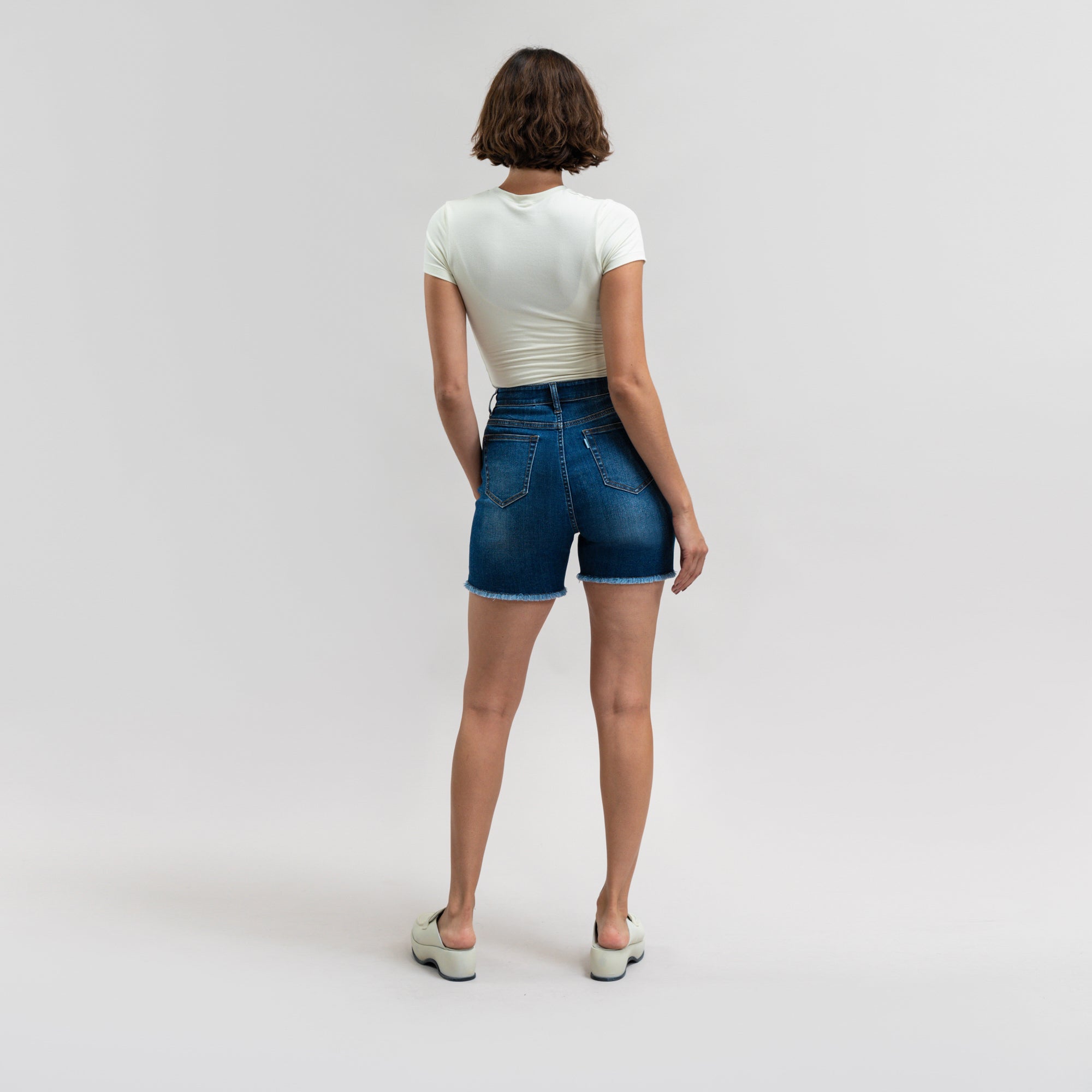 Custom jean denim shorts fit weekender model Moe in Sur Blue
