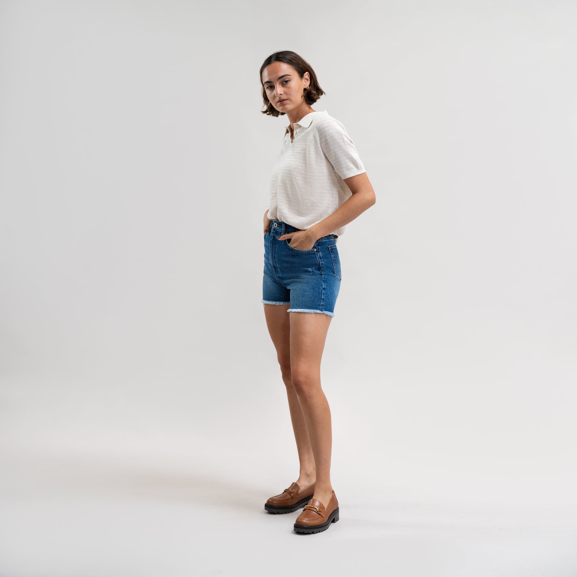 True vintage denim jean shorts custom sizeless model Moe in Faded Sur