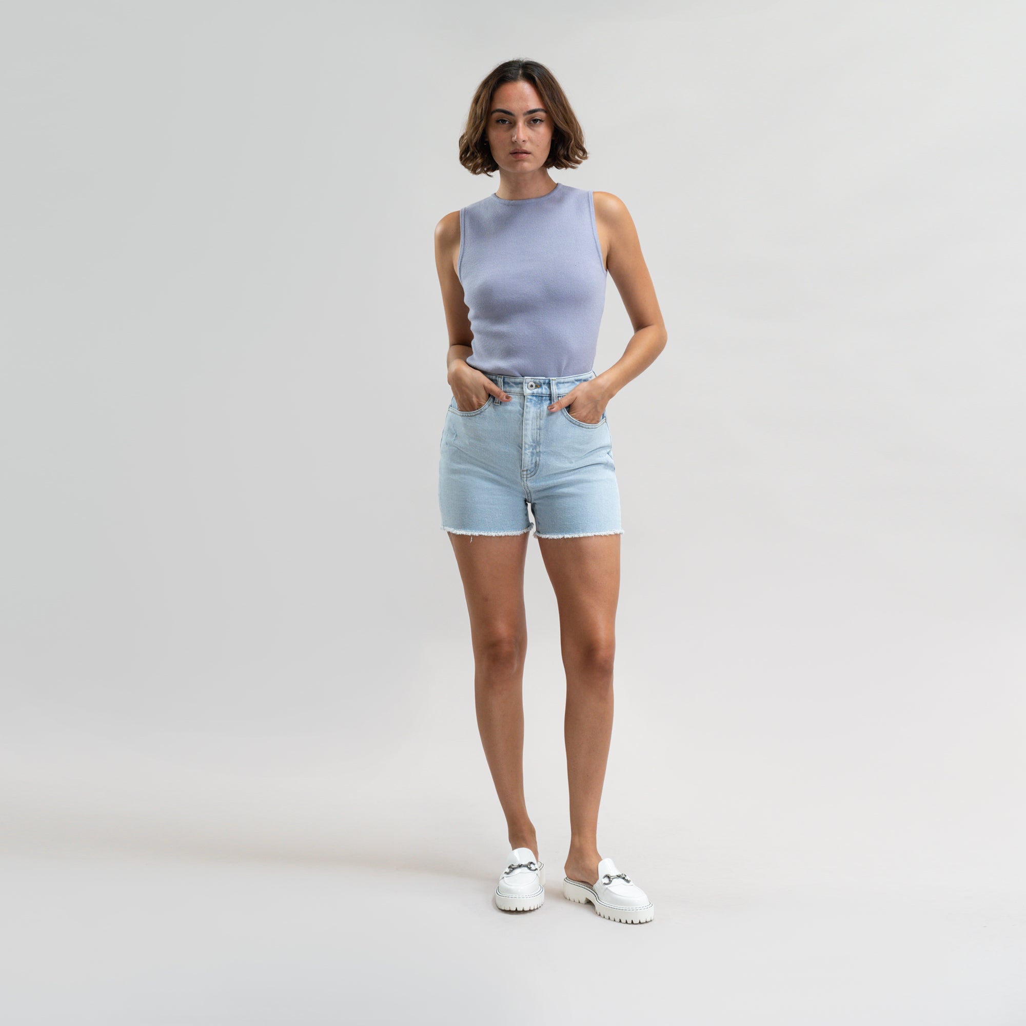 True vintage denim jean shorts custom sizeless model Moe in Light Sky