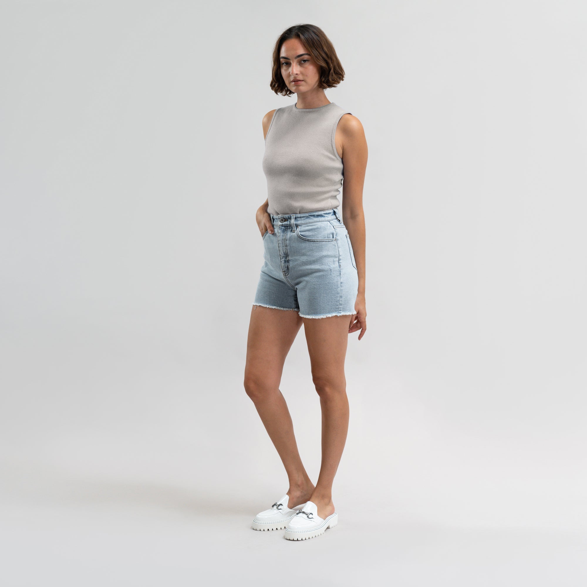 True vintage denim jean shorts custom sizeless model Moe in Vintage Gin
