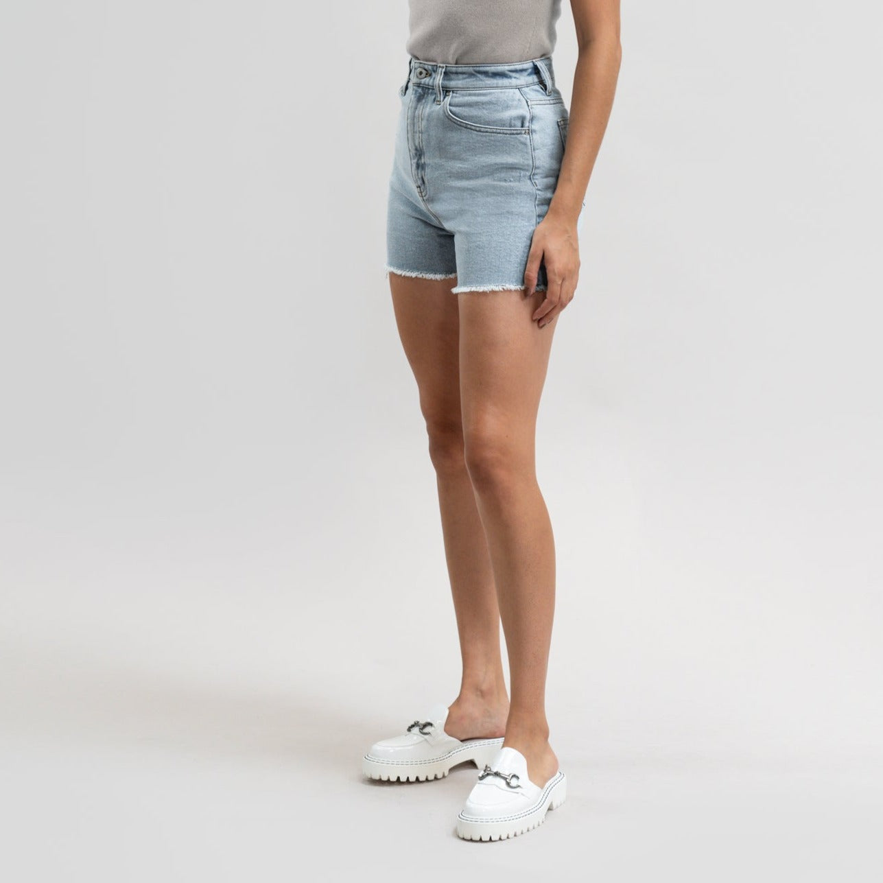 True vintage denim jean shorts custom sizeless model Moe in Vintage Gin