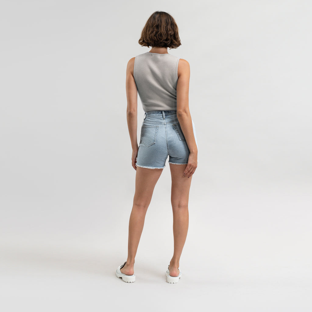 True vintage denim jean shorts custom sizeless model Moe in Vintage Gin