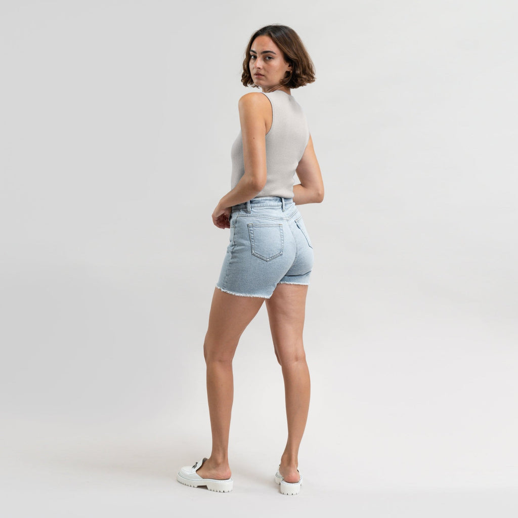 True vintage denim jean shorts custom sizeless model Moe in Vintage Gin