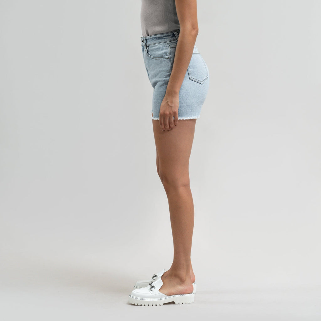 True vintage denim jean shorts custom sizeless model Moe in Vintage Gin