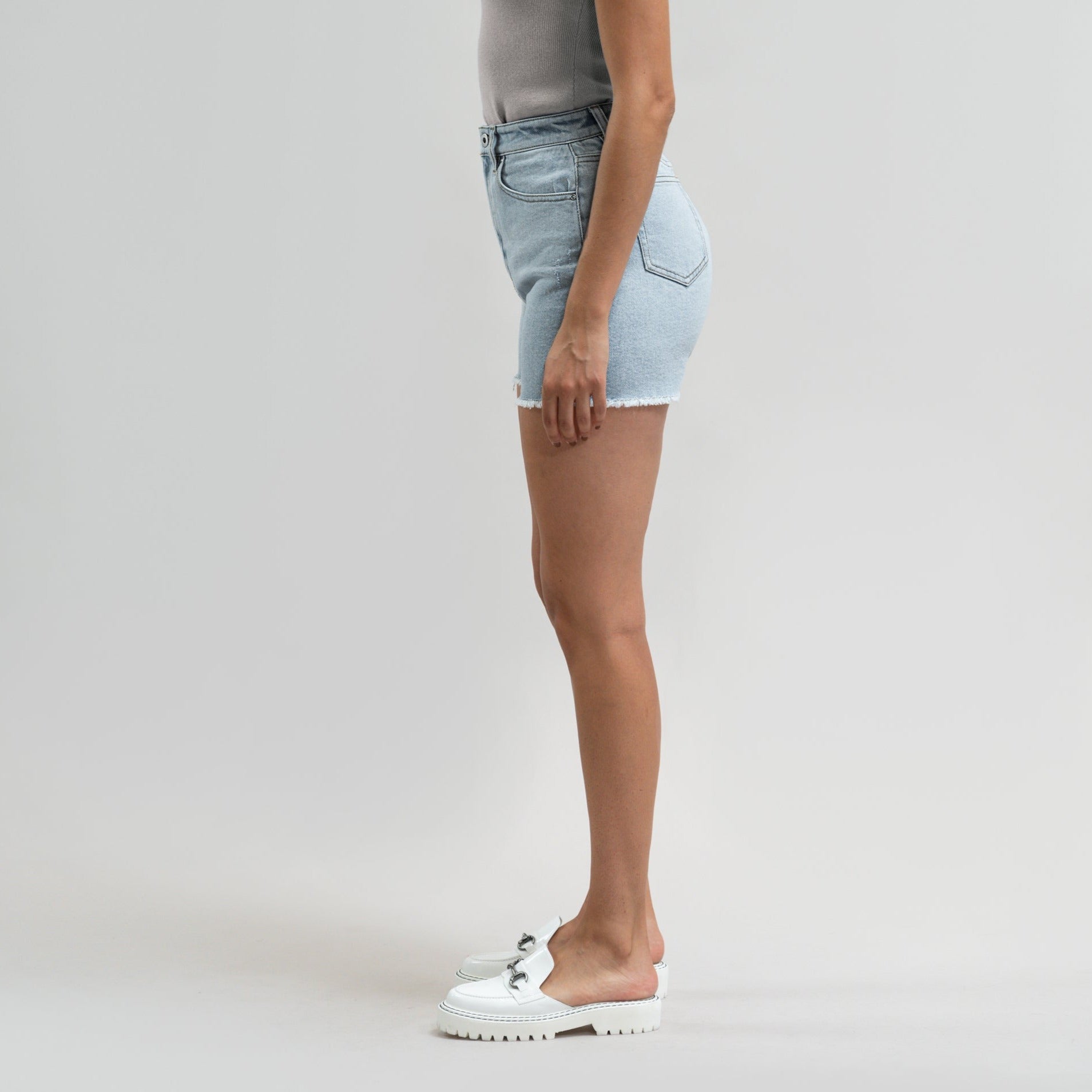 True vintage denim jean shorts custom sizeless model Moe in Vintage Gin