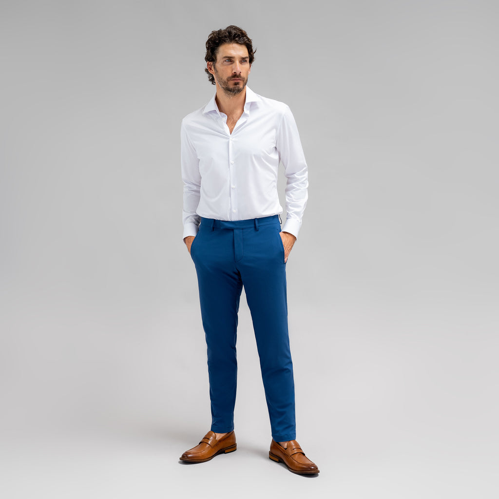 bespoke custom trousers pant chino performance technical model John in Italian Blue