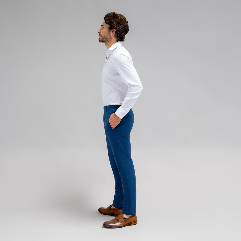 bespoke custom trousers pant chino performance technical model John in Italian Blue