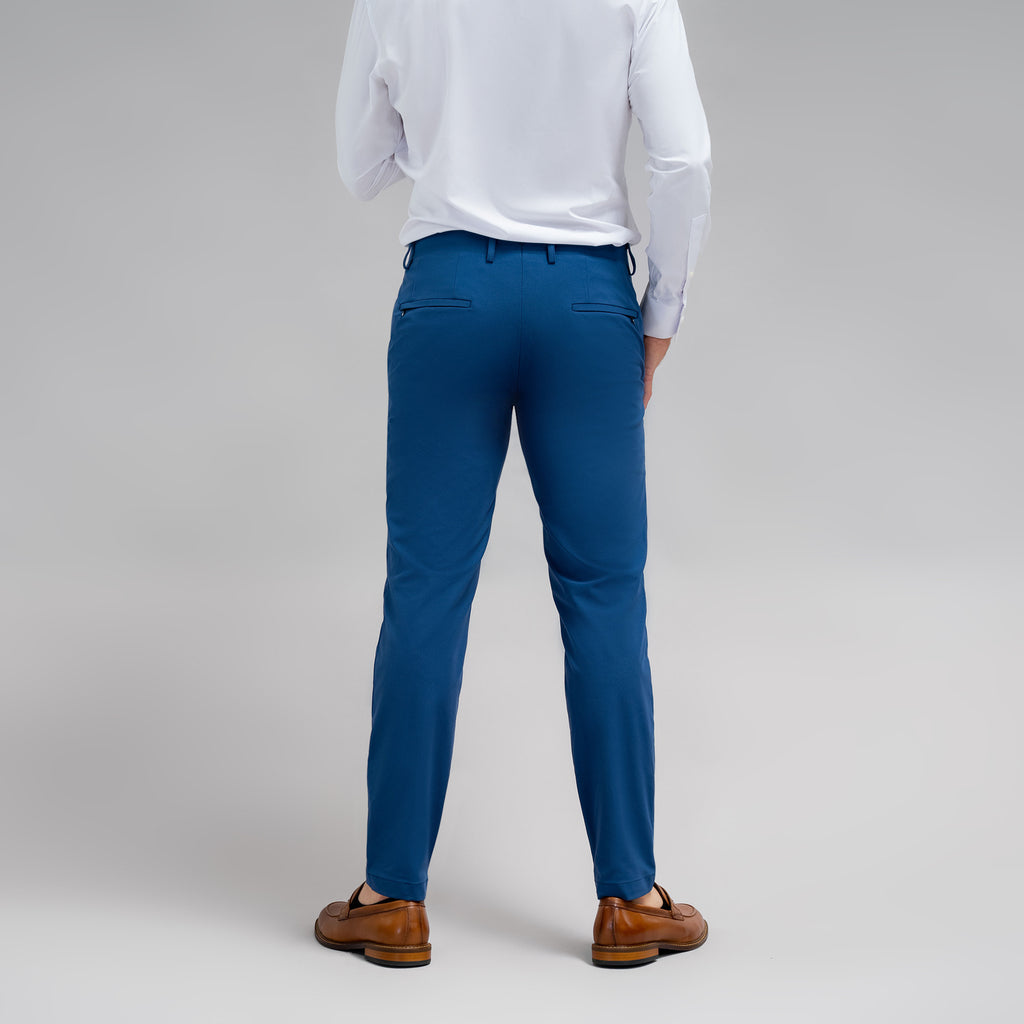 bespoke custom trousers pant chino performance technical model John in Italian Blue