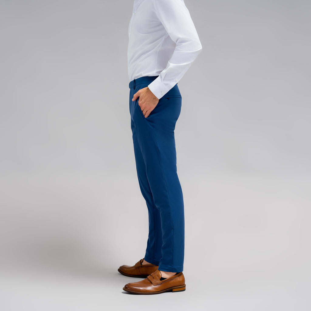 bespoke custom trousers pant chino performance technical model John in Italian Blue
