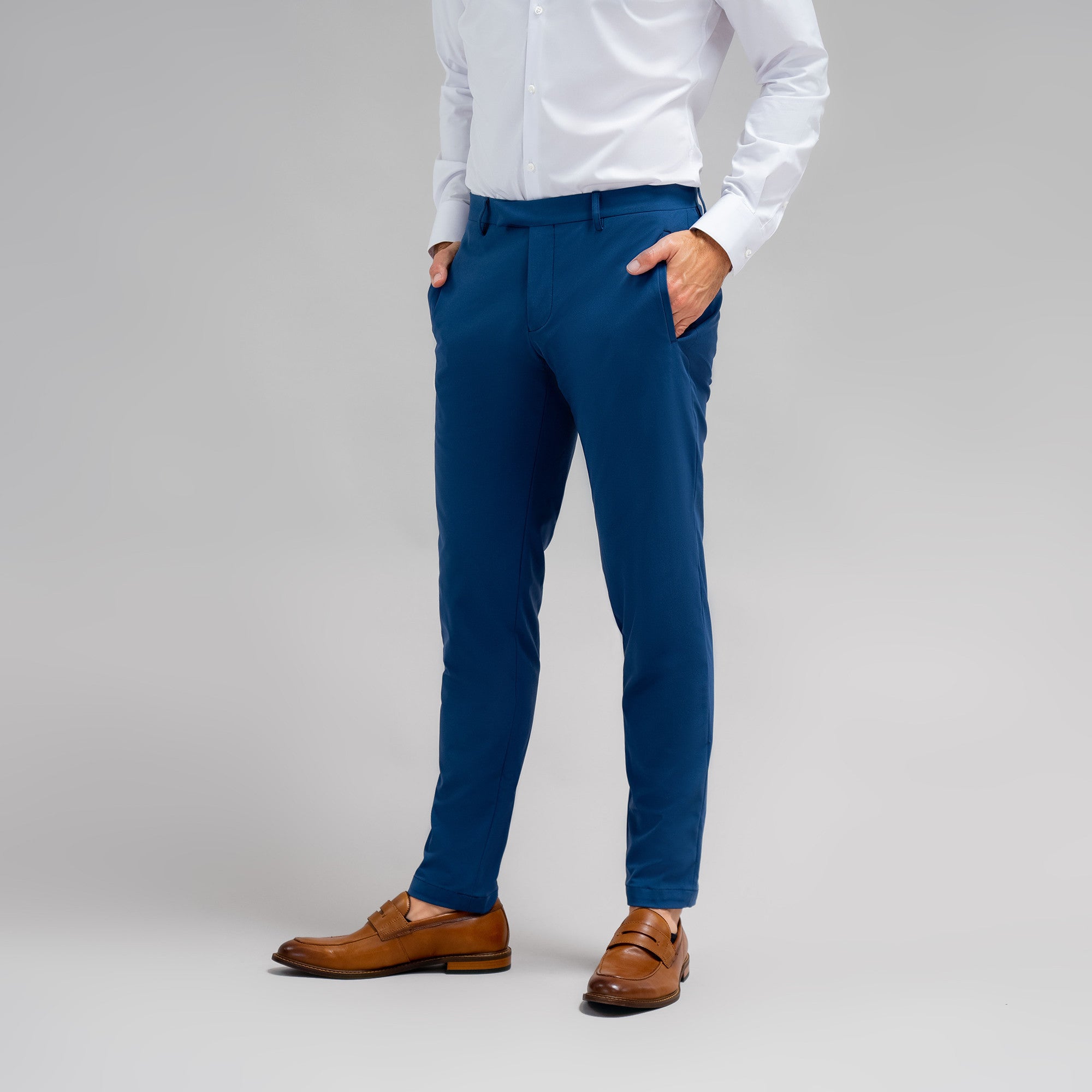 bespoke custom trousers pant chino performance technical model John in Italian Blue