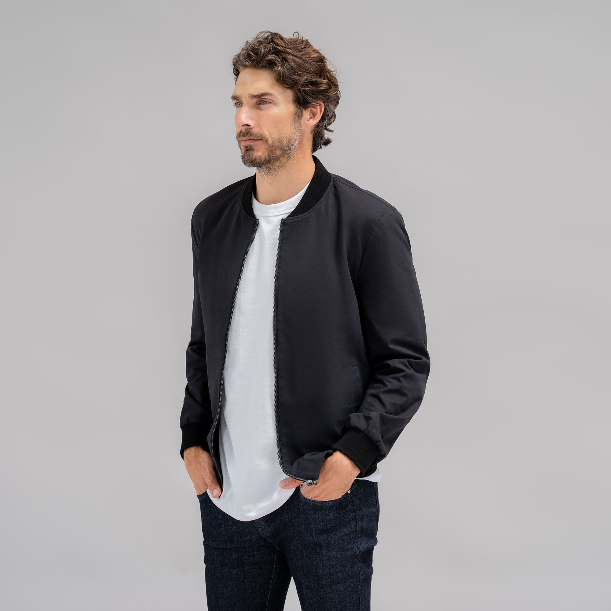 men's custom bomber jacket model John in Black
