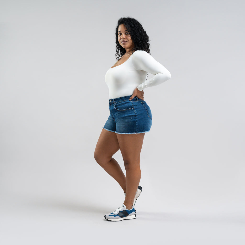 Custom jean denim shorts fit shortie model Drew in Sur Blue